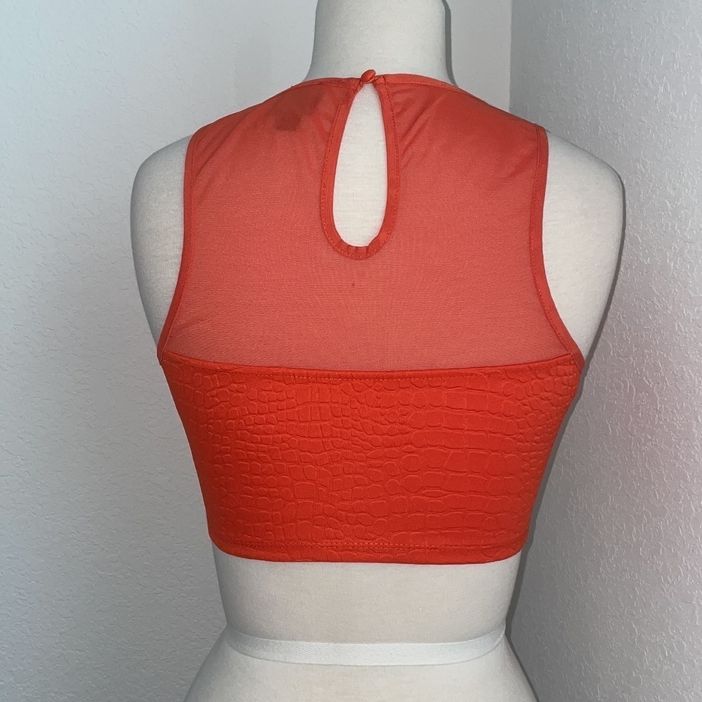 2B BEBE orange animal embossed sweetheart neck mesh crop top with keyhole in XS - Picture 6 of 11